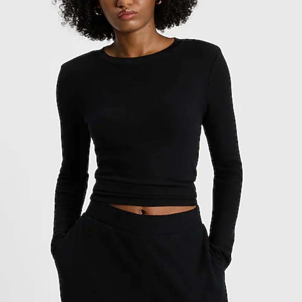 Express Waffle Fitted Crew Neck Long Sleeve Tee